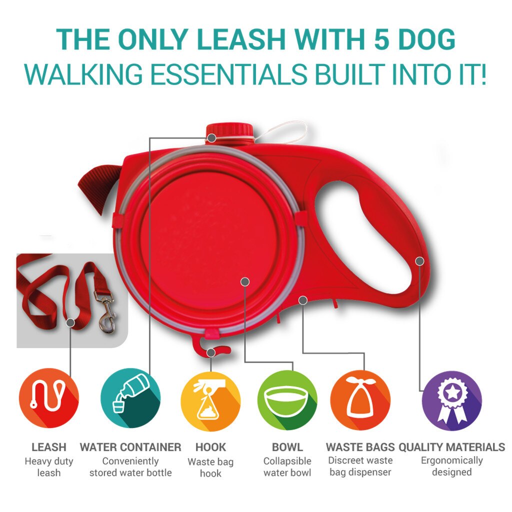 Aqua Leash Multi Function Dog Leash With Built-in Water Bottle Bowl & Waste Bag Dispenser Pet Dog leash